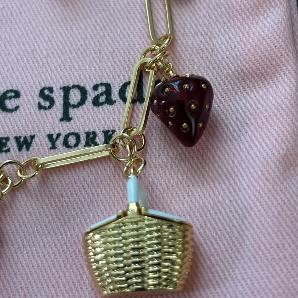 NWOT Kate  spade Gold Charm Bracelet with Burgundy Strawberry & Pearl Accents - Picture 5 of 6